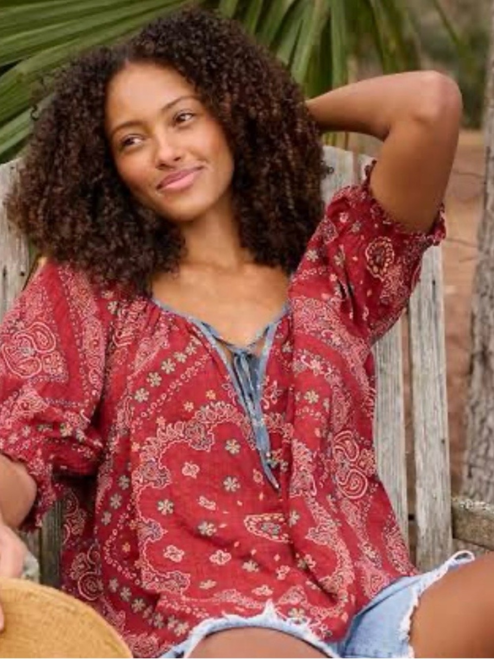 Natural Life Bandana Rust-Red Peasant Top Size Medium - Picture 3 of 10